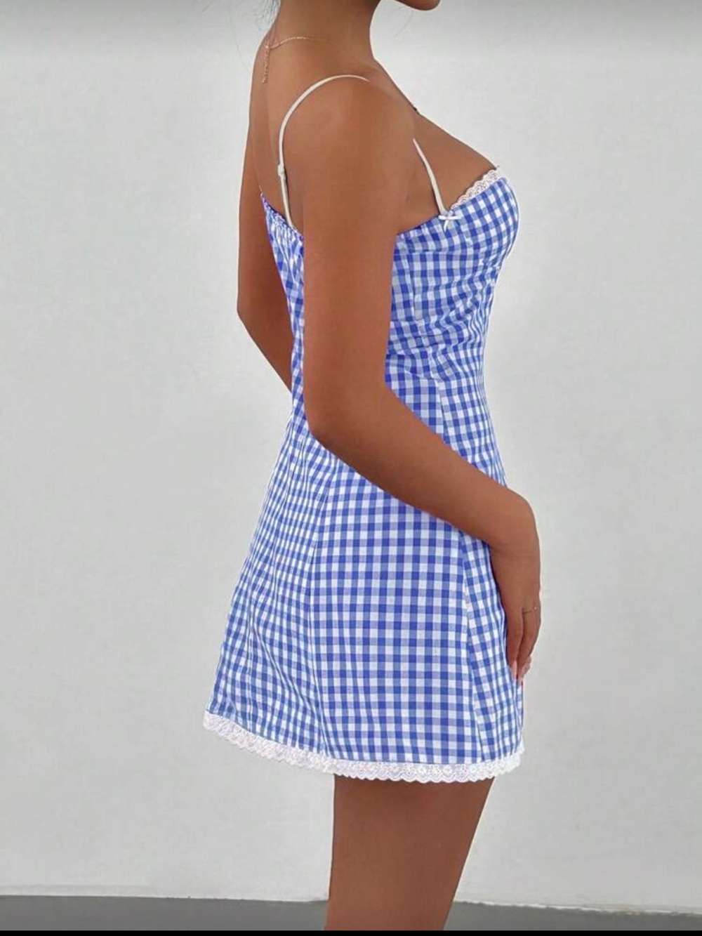 Blue Gingham Lace Trim Mini Dress - Picture 2 of 3